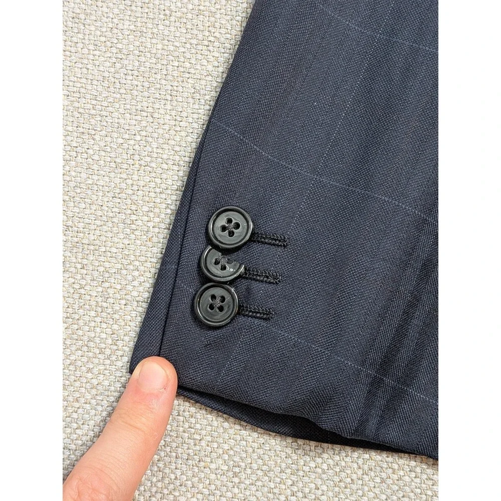 Ermenegildo Zegna Men's Blazer 48L Navy Wool Windowpane 3-Button Made in Italy